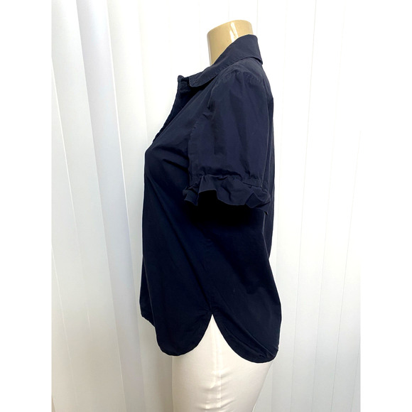 Tory Burch Cotton Shirt Half Button Navy Short Sleeve Ruffled Stretch Blue Top 8 - Picture 2 of 6